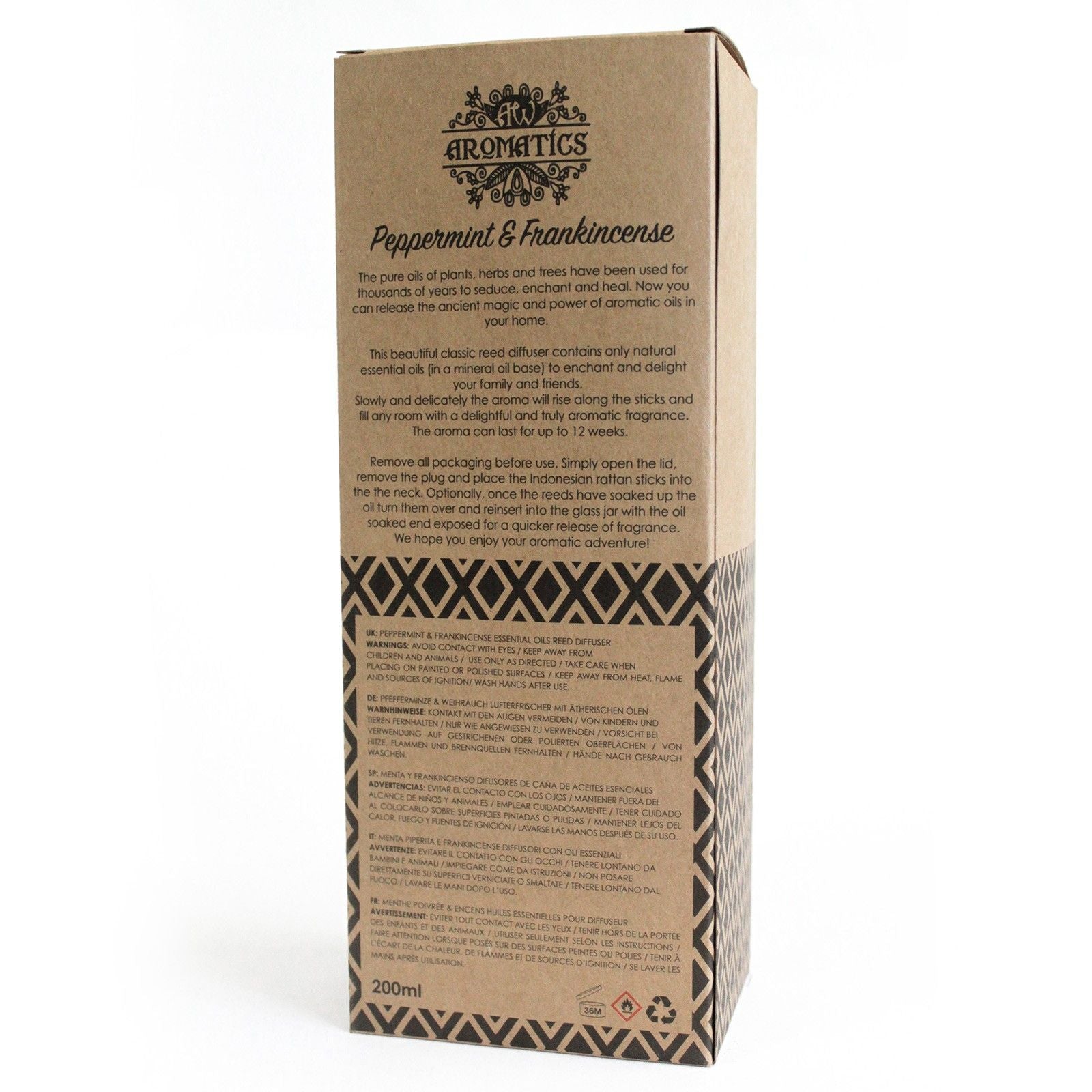 200ml Peppermint & Frankincense Essential Oil Reed Diffuser - Soak Sanctuary Room Fragrance