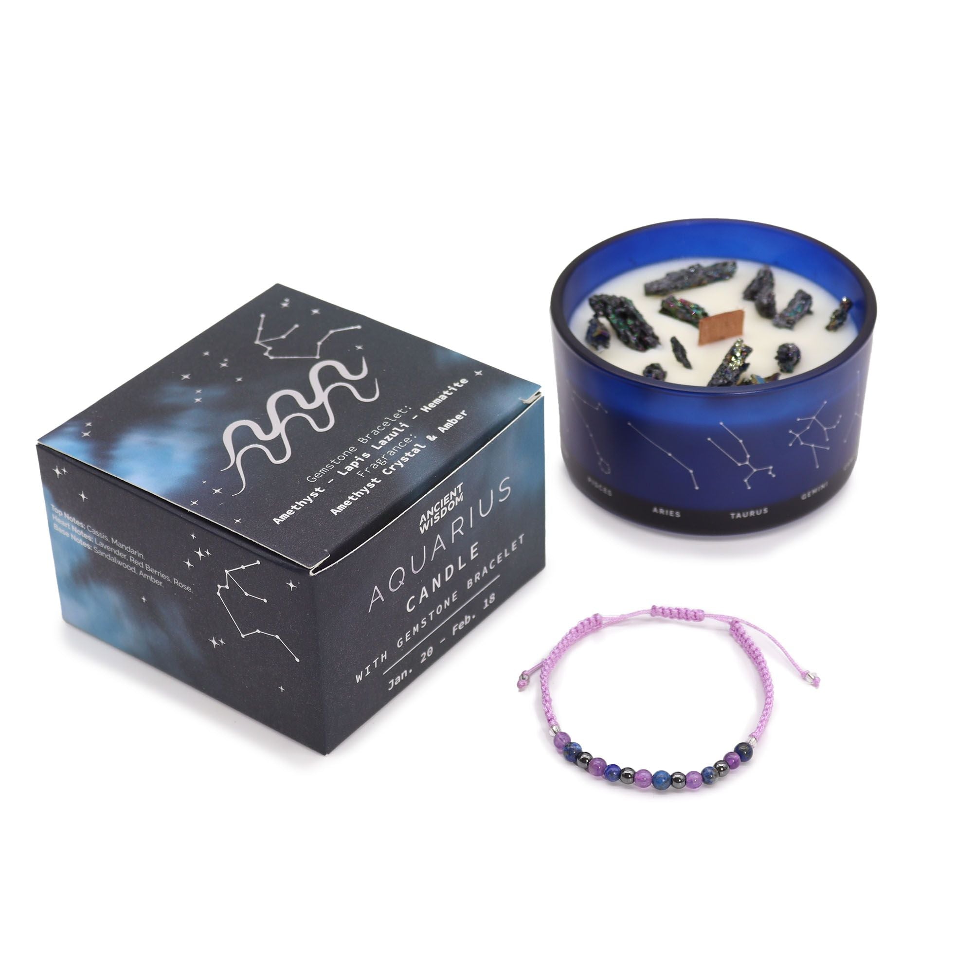 Aquarious Zodiac Crystal Candle with Gemstone Bracelet - Soak Sanctuary Candles
