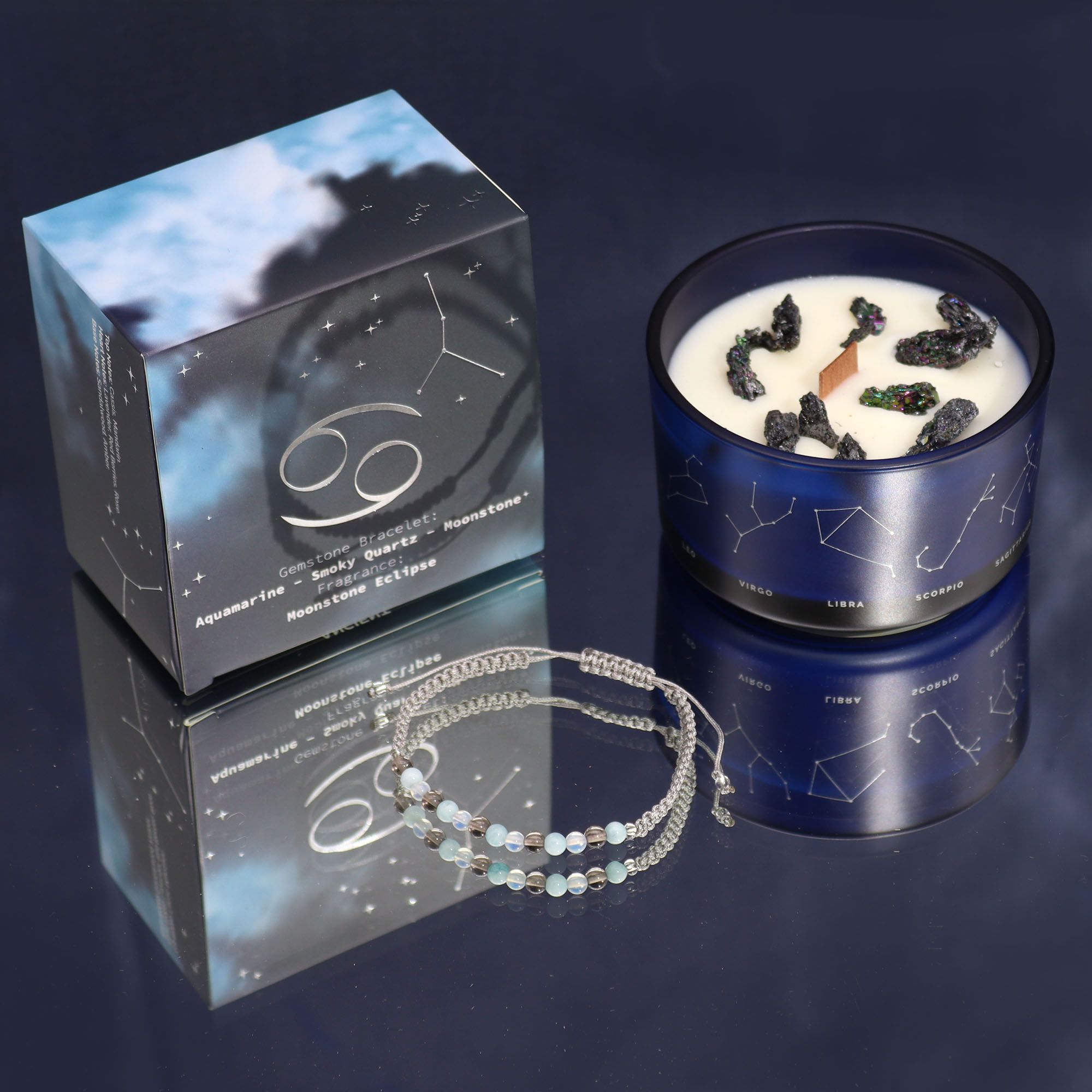 Cancer Zodiac Crystal Candle with Gemstone Bracelet - Soak Sanctuary Candles