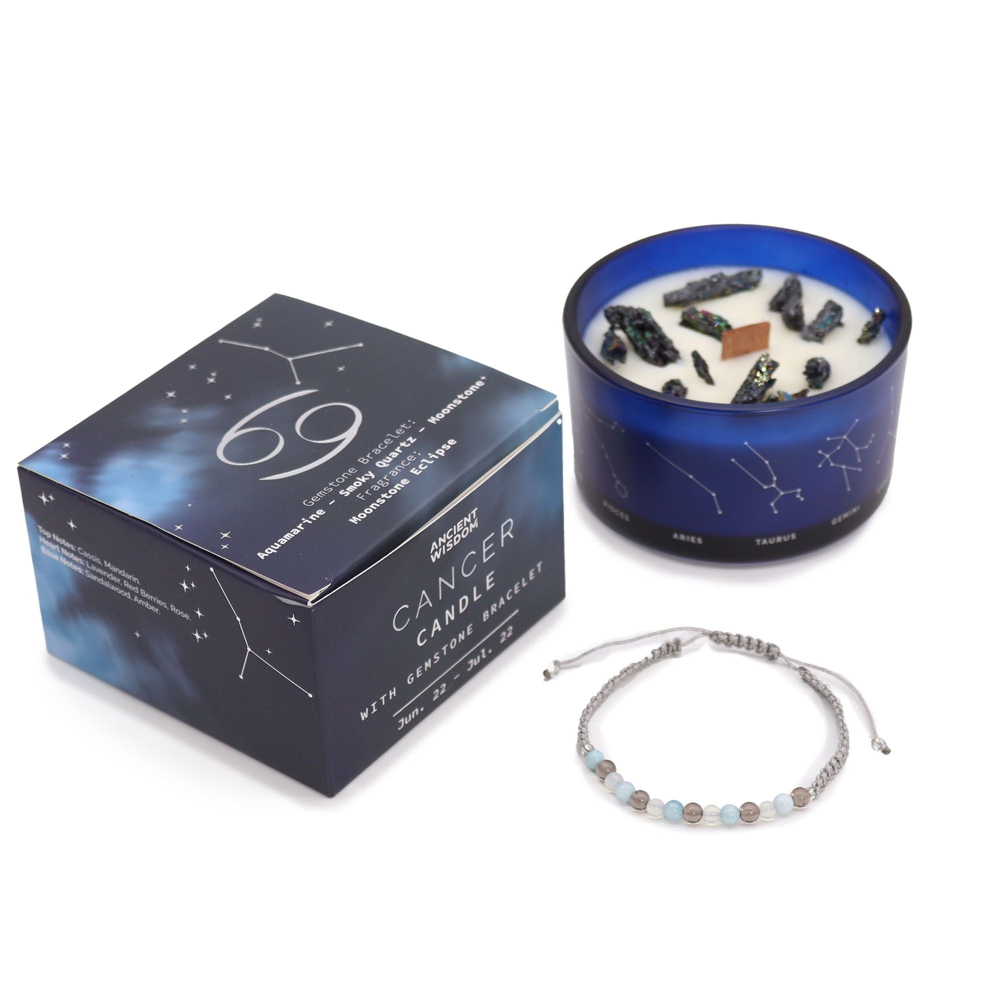 Cancer Zodiac Crystal Candle with Gemstone Bracelet - Soak Sanctuary Candles