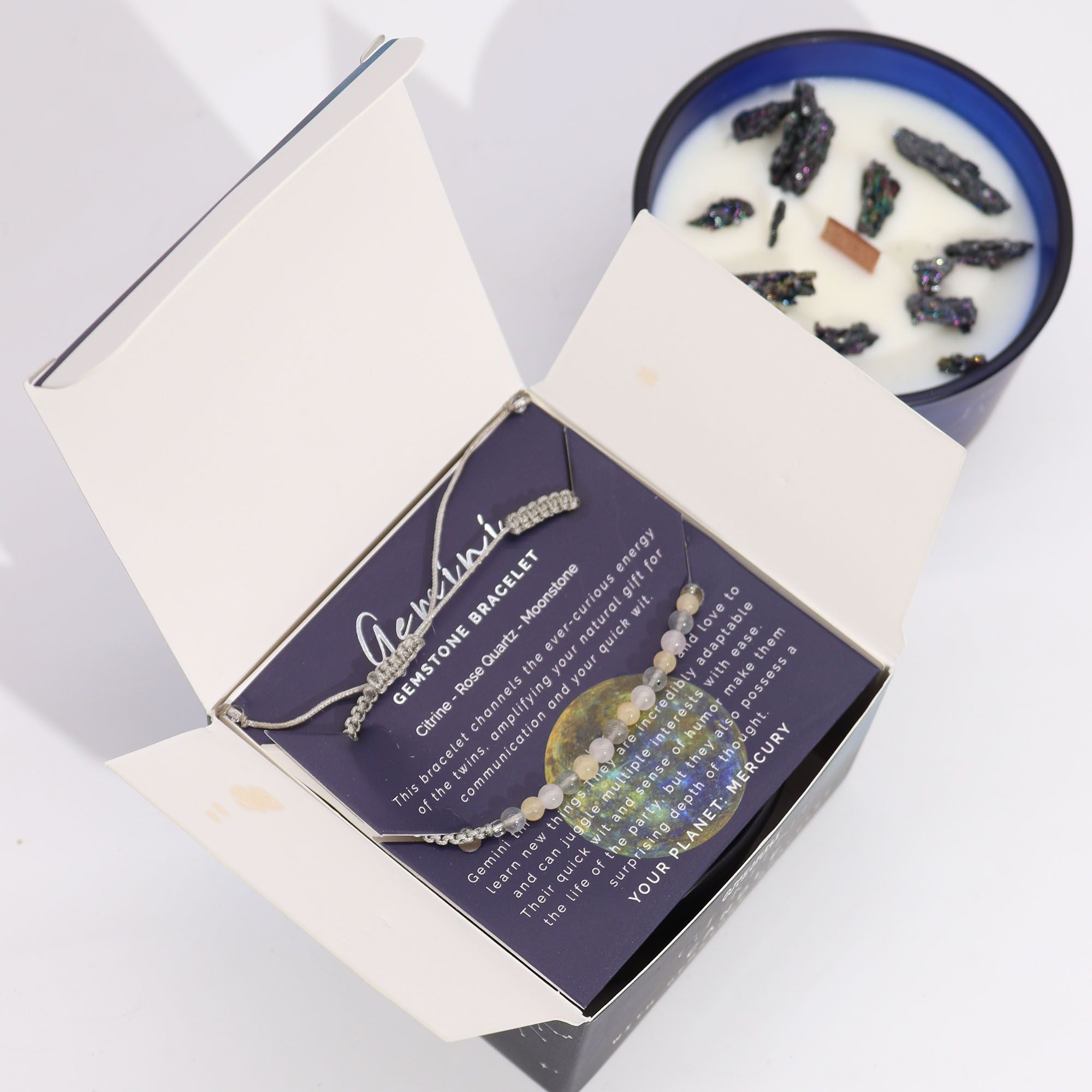 Gemini Zodiac Crystal Candle with Gemstone Bracelet - Soak Sanctuary Candles