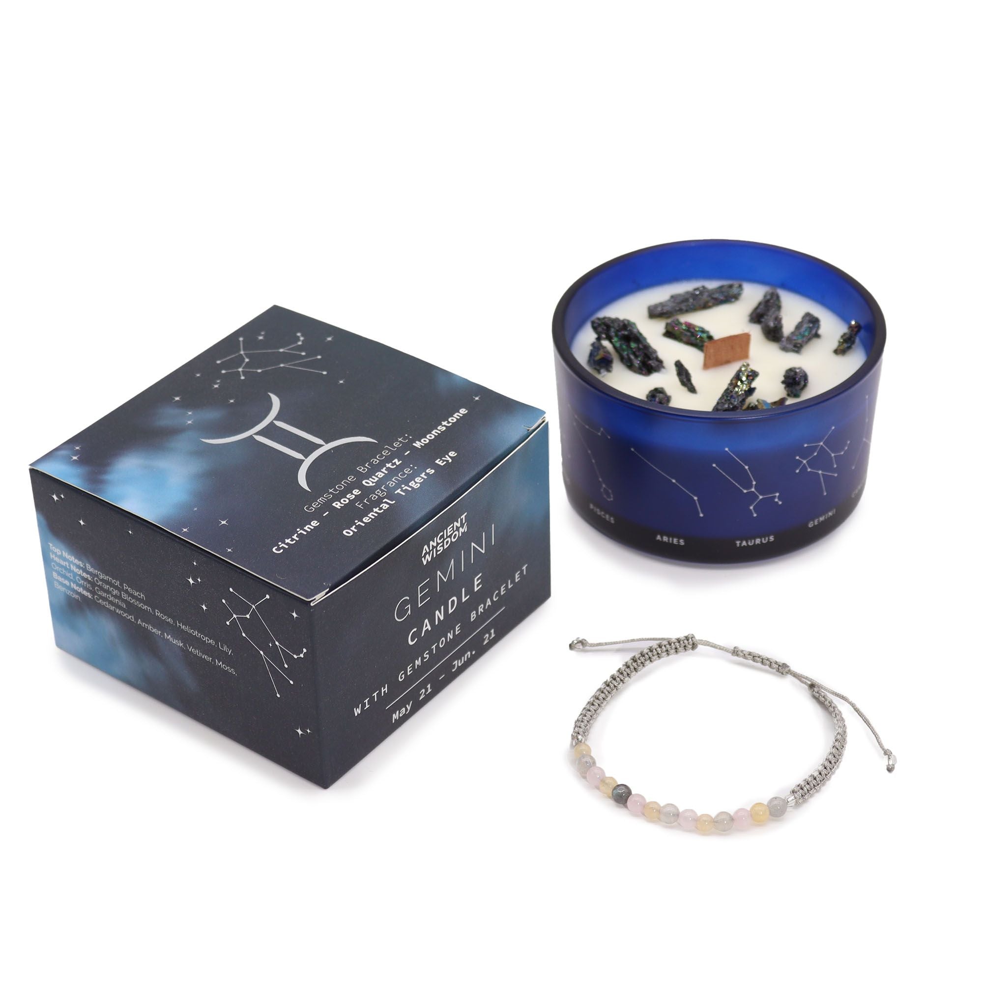 Gemini Zodiac Crystal Candle with Gemstone Bracelet - Soak Sanctuary Candles