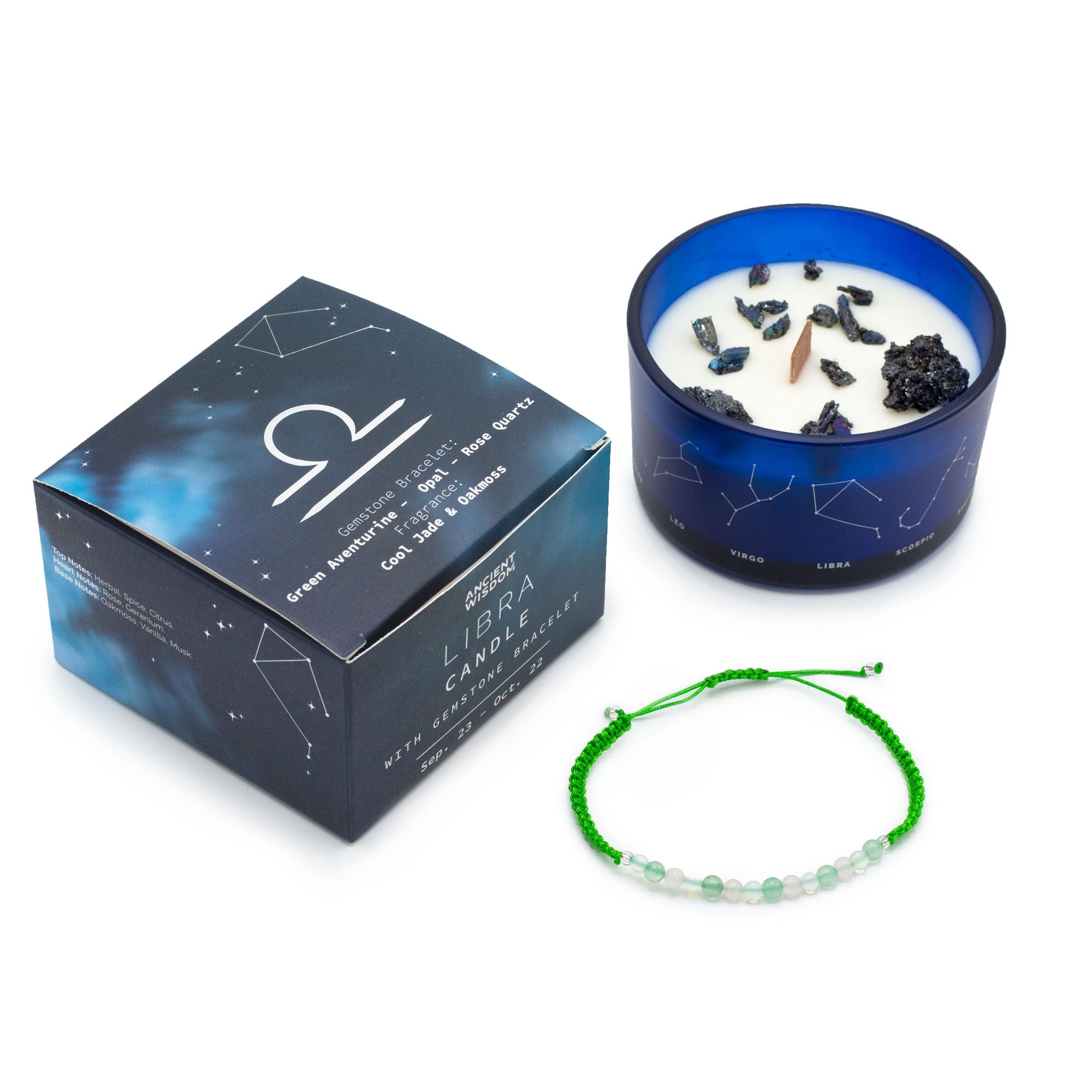 Libra Zodiac Crystal Candle with Gemstone Bracelet - Soak Sanctuary Candles