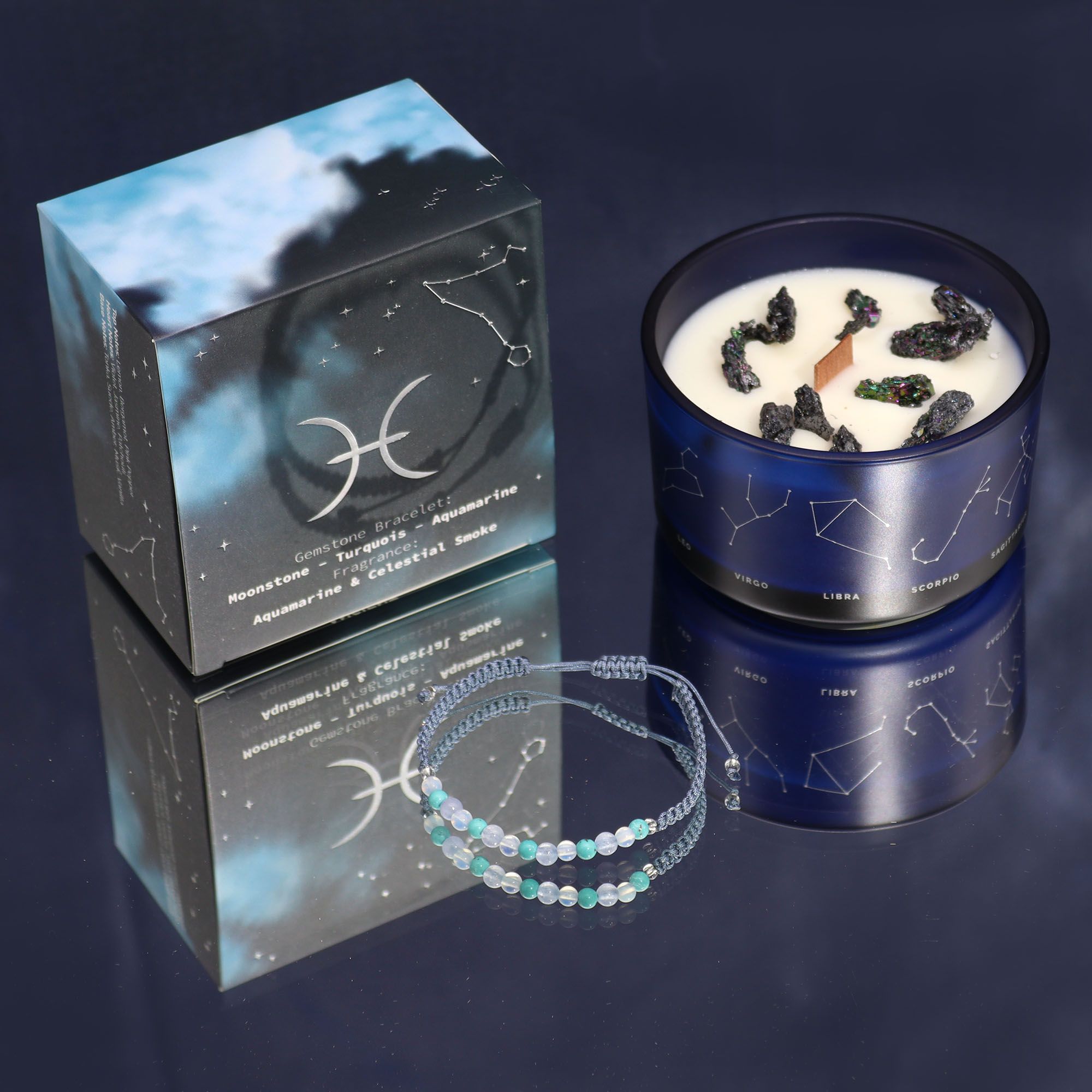 Pisces Zodiac Crystal Candle with Gemstone Bracelet - Soak Sanctuary Candles