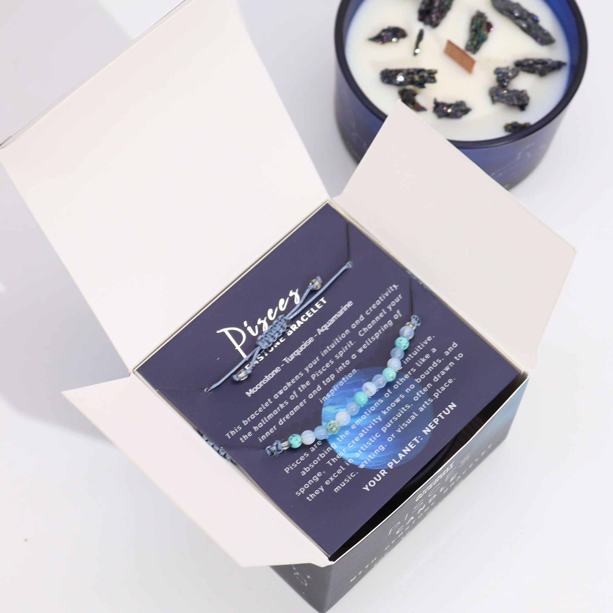 Pisces Zodiac Crystal Candle with Gemstone Bracelet - Soak Sanctuary Candles
