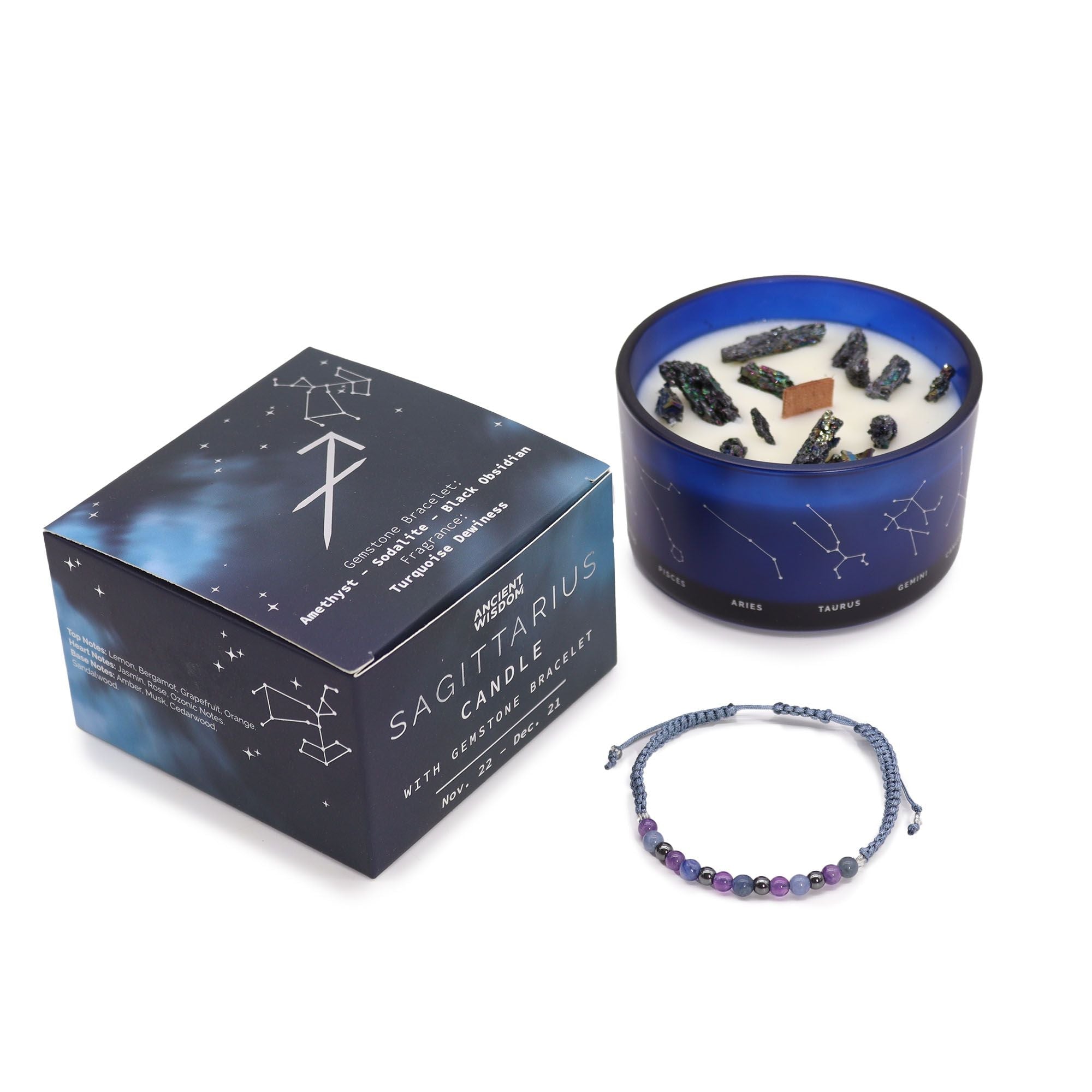 Sagittarius Zodiac Crystal Candle with Gemstone Bracelet - Soak Sanctuary Candles