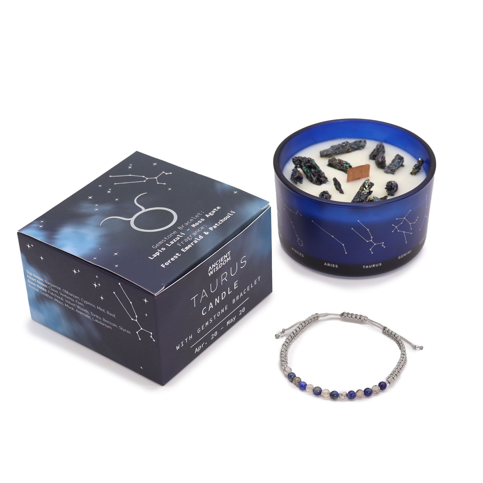 Taurus Zodiac Crystal Candle with Gemstone Bracelet - Soak Sanctuary Candles
