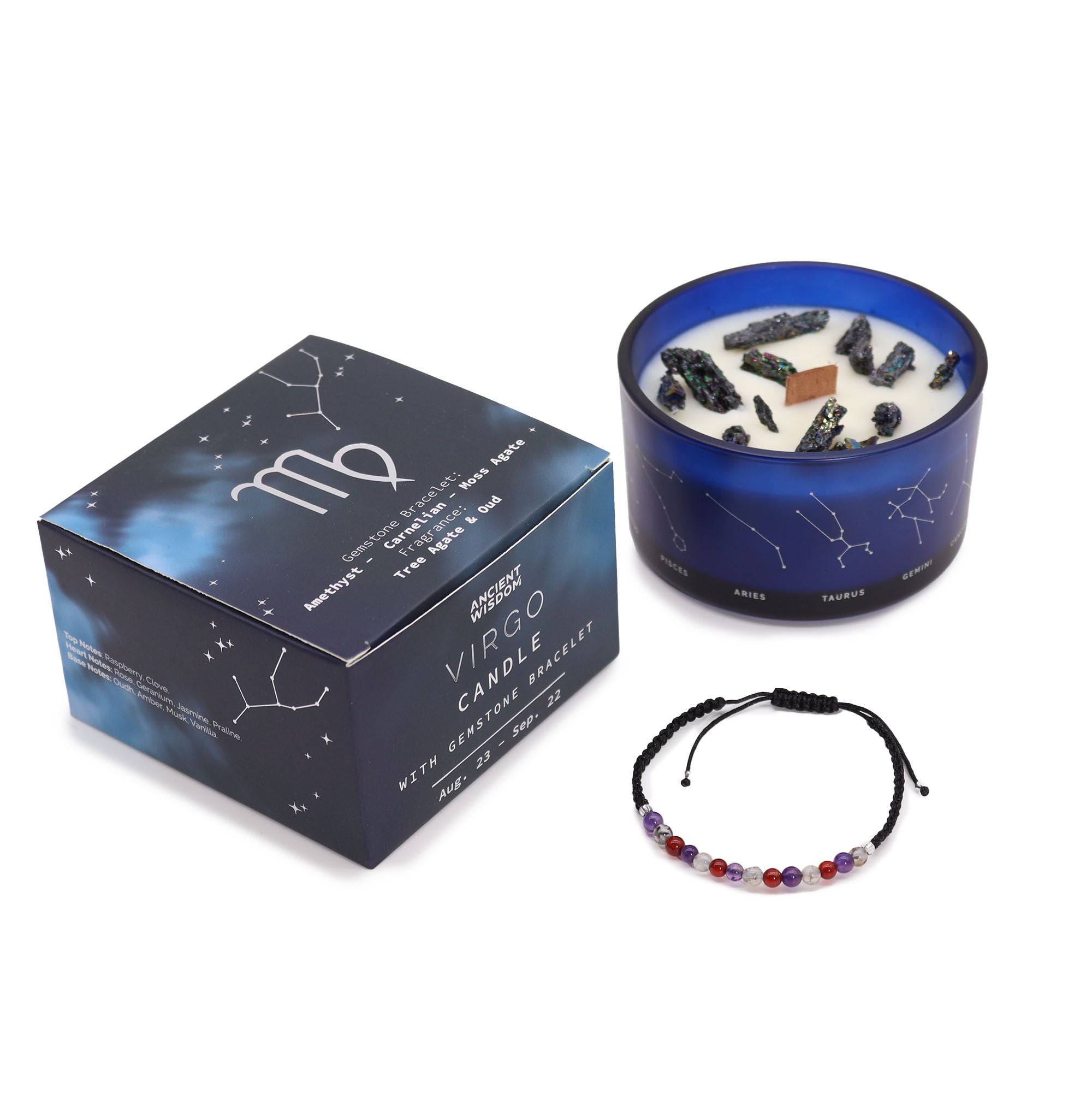 Virgo Zodiac Crystal Candle with Gemstone Bracelet - Soak Sanctuary Candles