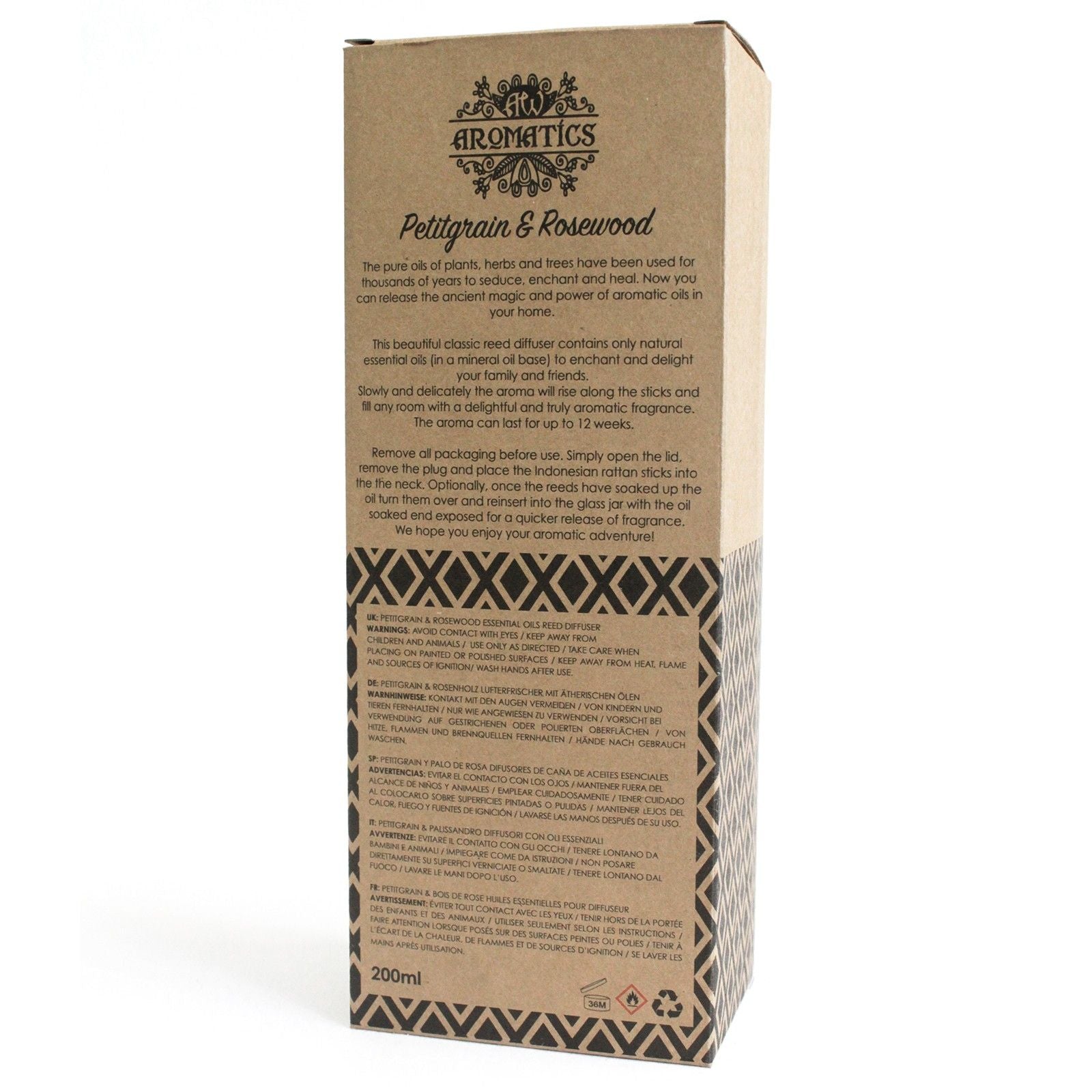 200ml Petitgrain & Rosewood Essential Oil Reed Diffuser - Soak Sanctuary Room Fragrance
