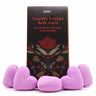 Set of heart-shaped purple bath bombs with a decorative box labeled 'Cupid's Escape Self-Care' on a white background.