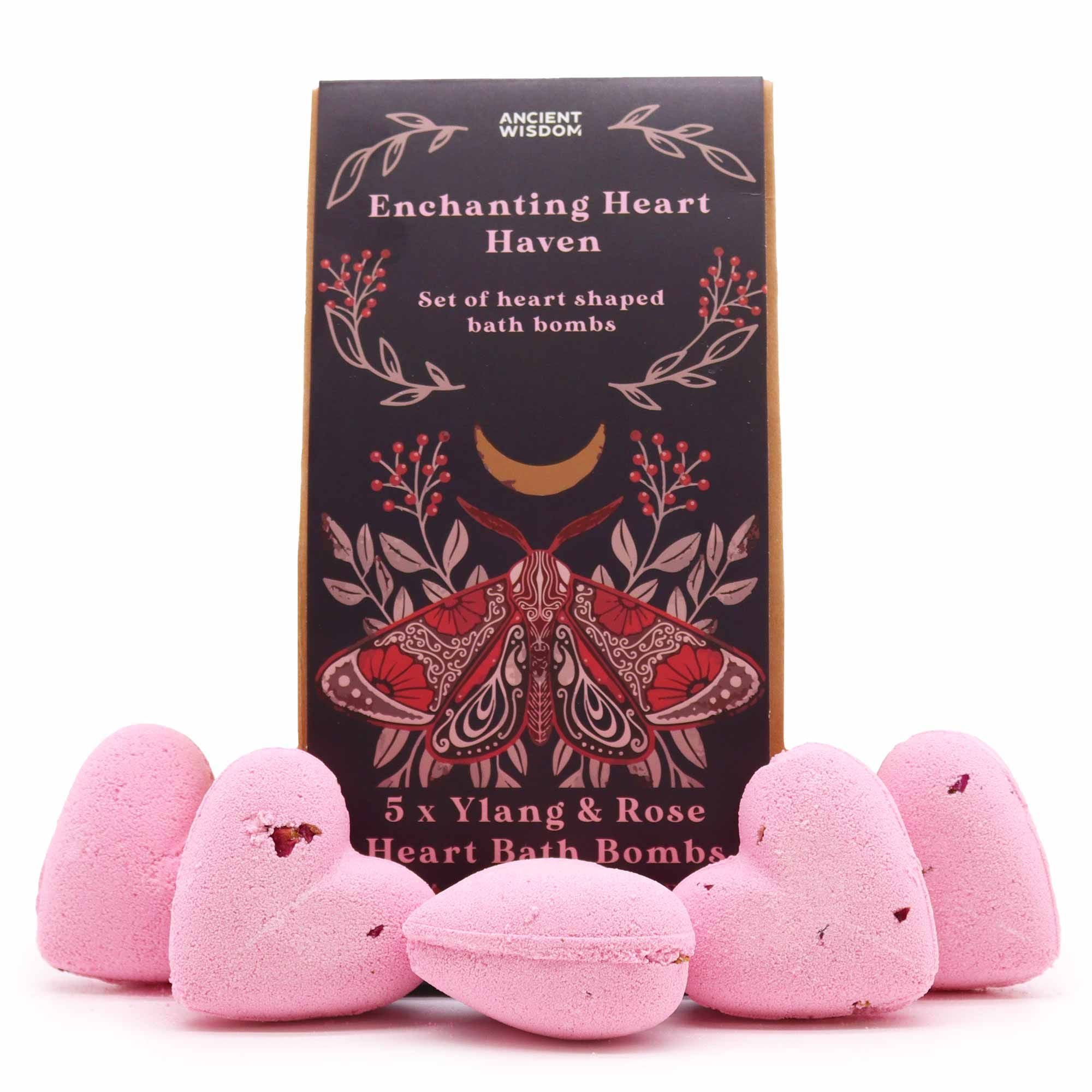 Heart-shaped bath bombs with a decorative box labeled 'Enchanting Heart Haven' on a white background.