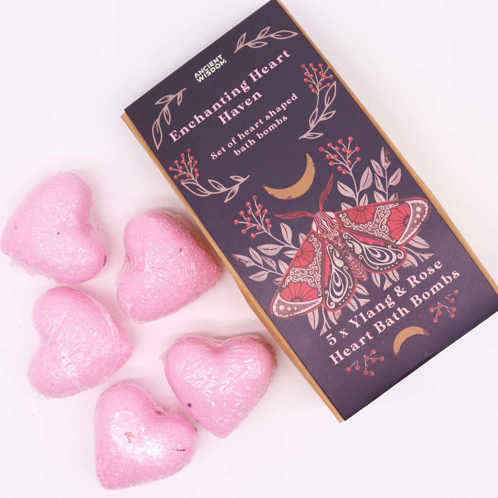 Heart-shaped bath bombs with a decorative box on a white background